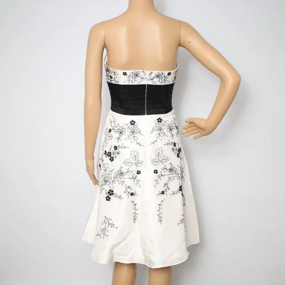 White House Black Market Rosy Embroidery Silk Cocktail Dress Sz 6 White Black - Picture 5 of 10